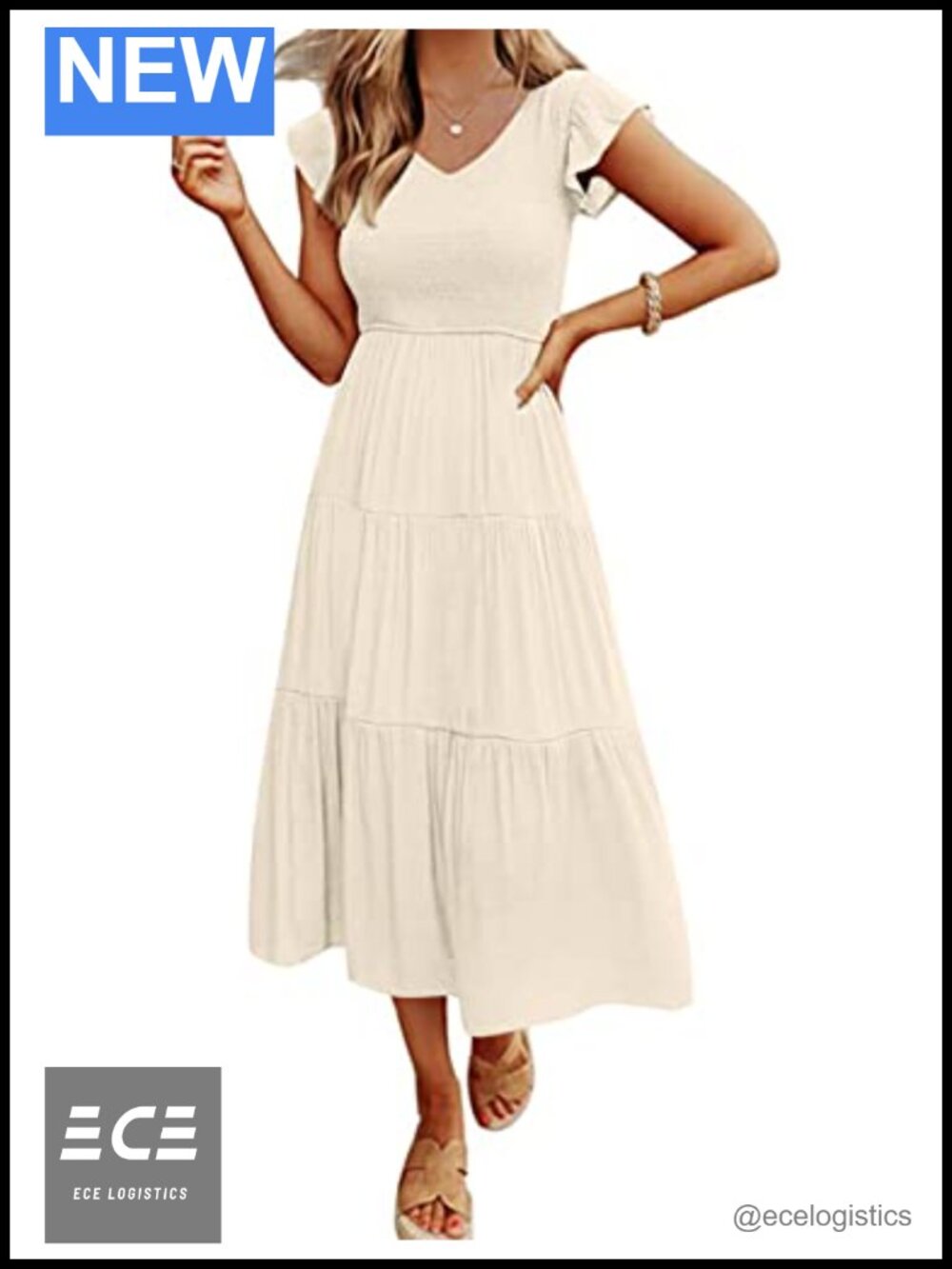 Women's Smocked Midi Dress Flutter Sleeve A-Line Casual